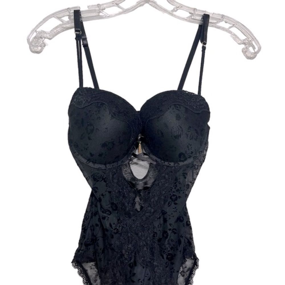RACHEL Rachel Roy Teddy Black Lace Mesh Snap Crotch Nightie Sexy Sleepwear